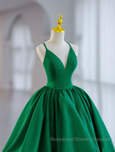 Green Ball Gown Satin Short Semi Formal Prom Dresses, Green Satin Evening Dresses
